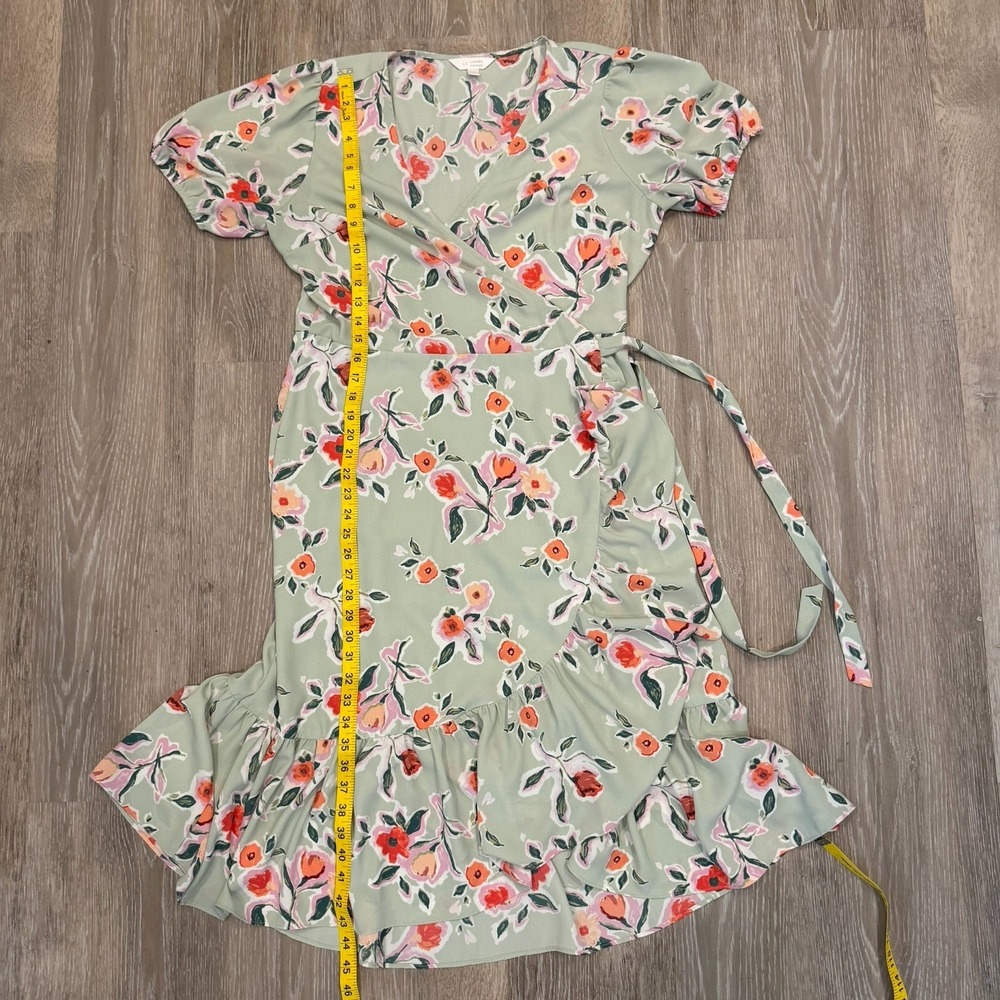 LC Lauren Conrad Size Large Sage Green Floral Faux-Wrap Midi Dress Cottagecore - Picture 13 of 15